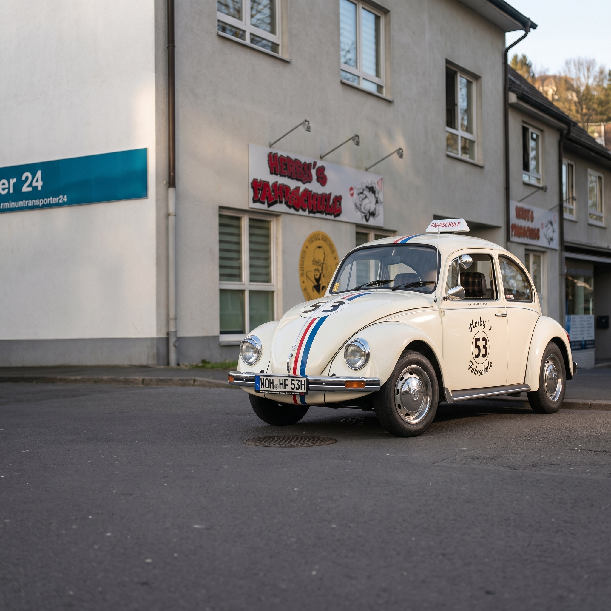 Fahrschulfahrzeug von Herby’s Fahrschule vor der Fahrschule in Kassel