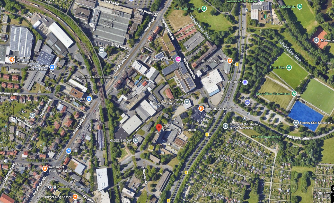 Google-Maps-Ansicht für die Führerscheinprüfung beim TÜV in Kassel